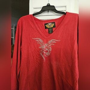 Harley Davidson Red V-Neck Long Sleeve Top with Rhinestone Design